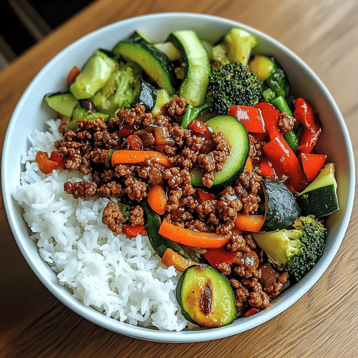 Spicy Ground Beef Stir-Fry Bowl with Garlic Veggies & Steamy Rice