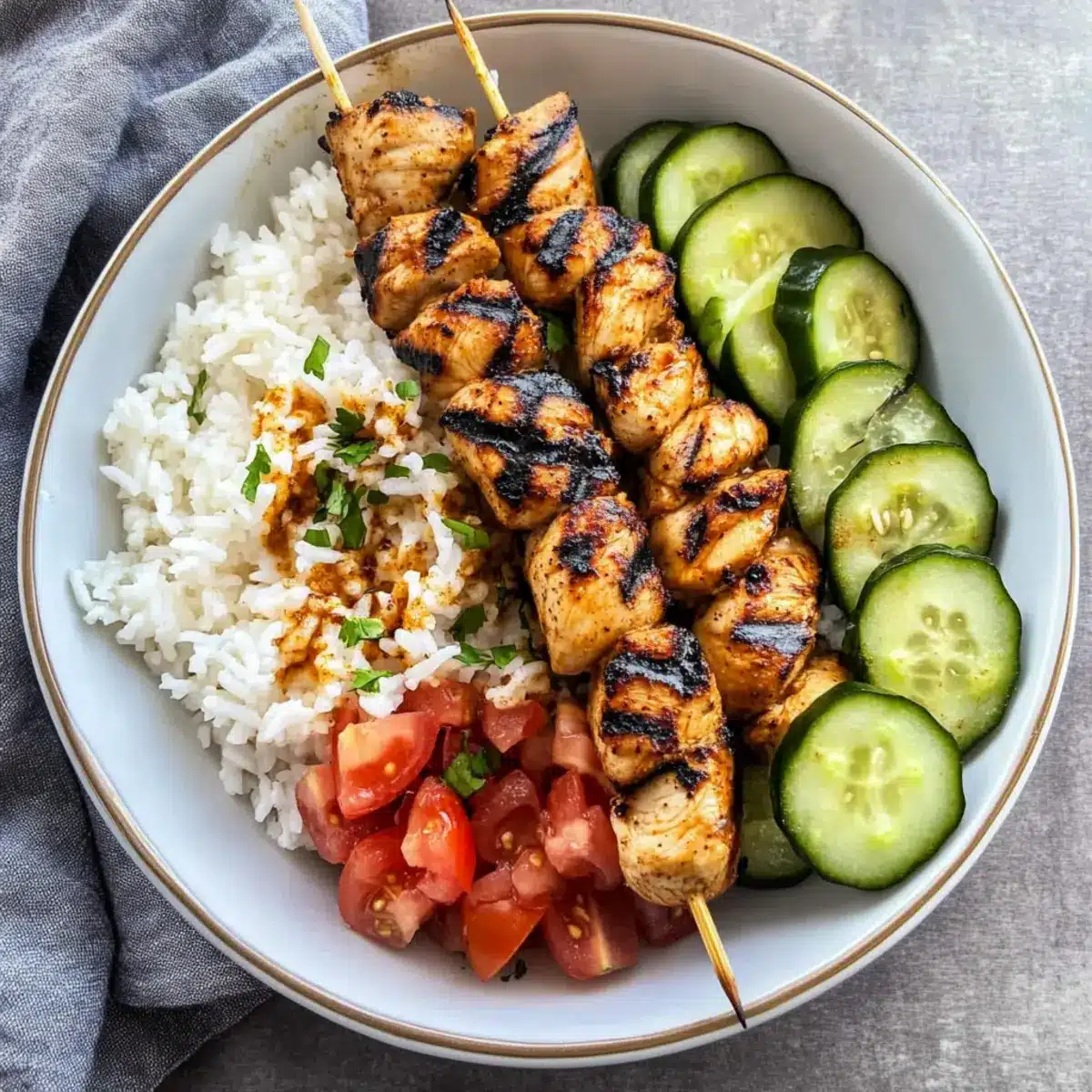 Mediterranean Rice Bowl with Grilled Chicken Tawook Skewers