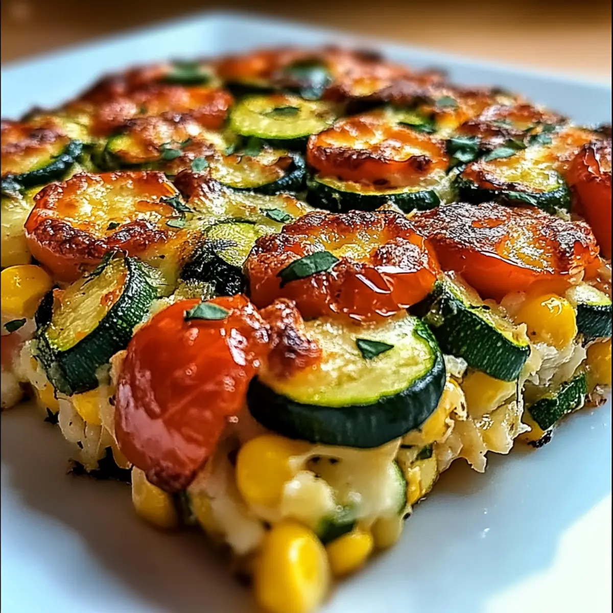 Cheesy Zucchini Corn Tomato Bake with Parmesan Crust